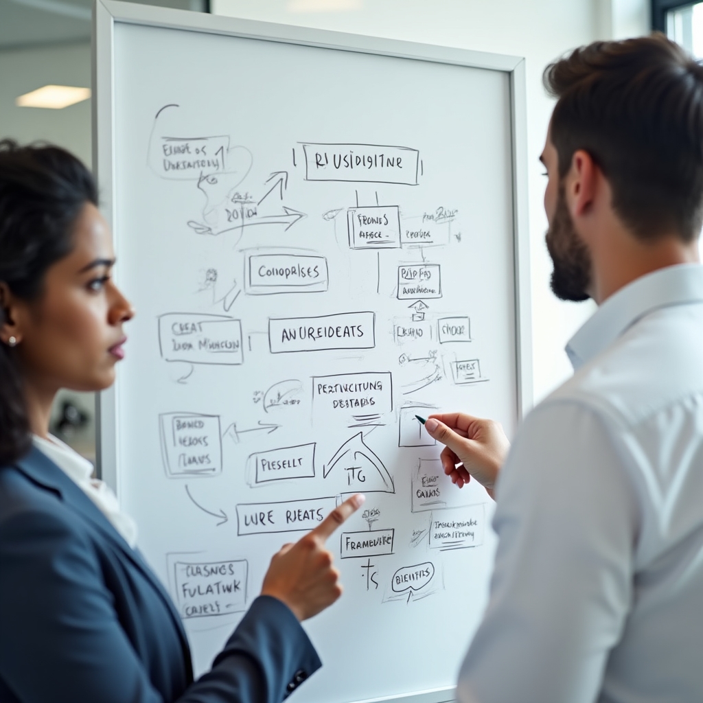 Due professionisti discutono un framework di analisi su lavagna