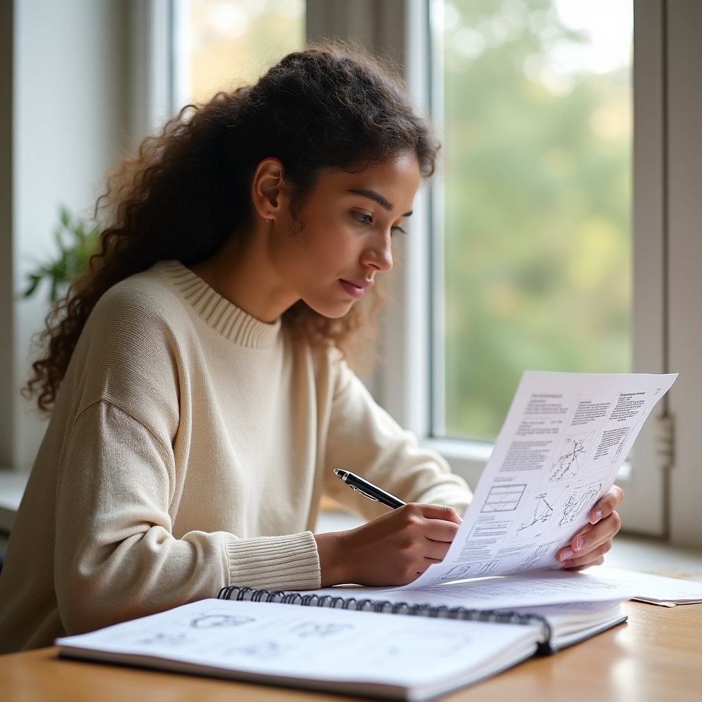 Studente che studia materiali di analisi aziendale su un tavolo luminoso